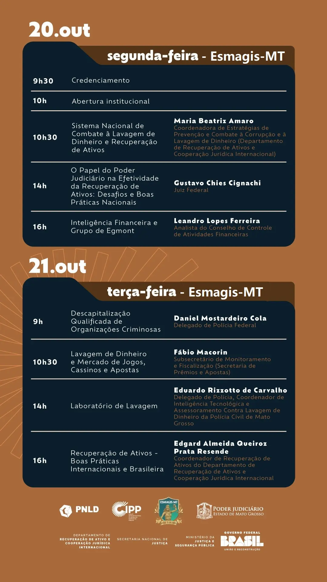 Peça publicitária colorida azul e marrom. Texto: Save the date. 20 e 21 de outubro. Cuiabá-MT. Programa Nacional de Capacitação e Treinamento para a Recuperação de Ativos e o Combate à Corrupção e à Lavagem de Dinheiro - Avançado