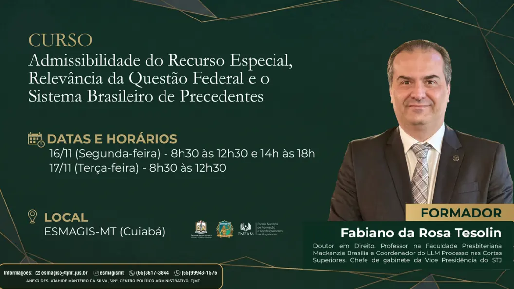 Banner informativo divulga o curso Admissibilidade do Recurso Especial, Relevância da Questão Federal e o Sistema Brasileiro de Precedentes, com textos informativos e retrato de uma pessoa à direita.