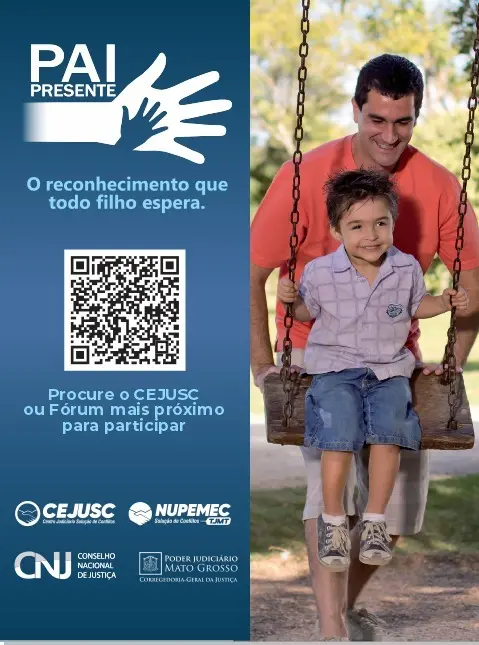 Banner da campanha “Pai Presente” mostra um pai empurrando seu filho em um balanço no parque, ambos sorrindo. Ao lado, há um QR code, logotipos institucionais e a frase: “O reconhecimento que todo filho espera.” 