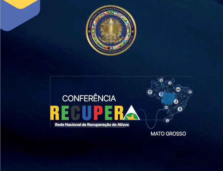 Logomarca da Rede Nacional de Recuperação de Ativos (Recupera) com mapa do Brasil conectado por ícones de valores e bens.